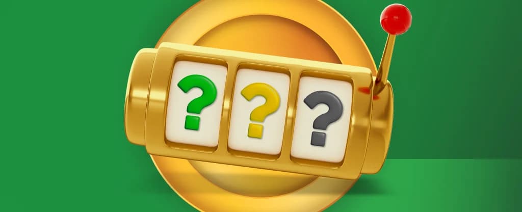 Gold slot machine reels showing three question marks in green, yellow, and grey, with a red lever on the side against a bright green background.