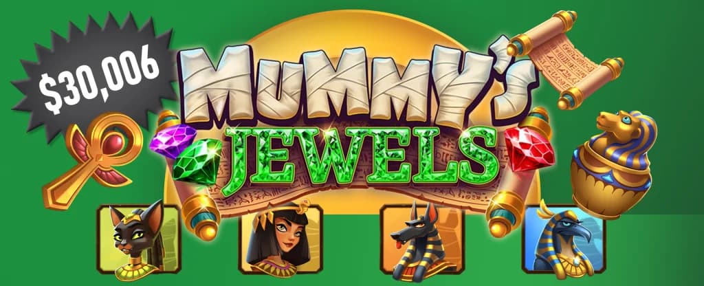 The ‘Mummy’s Jewels’ pokie logo is front and centre, showing a $30,006 max win and various symbols of Egyptian culture.