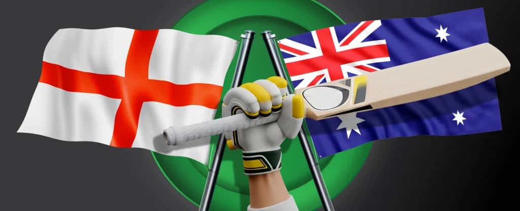 A 3D hand wearing a cricket glove holds a bat between the England flag and the Australian flag, set against a dark background.