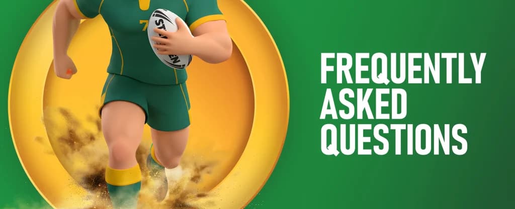 A 3D animated rugby player in a green and gold uniform runing forward holding a Steeden rugby ball, kicking up dirt behind him. On the right, bold white text reads “Frequently Asked Questions” against a bright green background.