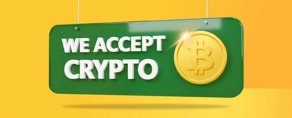 A sign hanging on display with the text “We Accept Crypto” in bold white letters on a green background. A large gold Bitcoin coin icon appears on the right side of the sign. All on a bright yellow background.