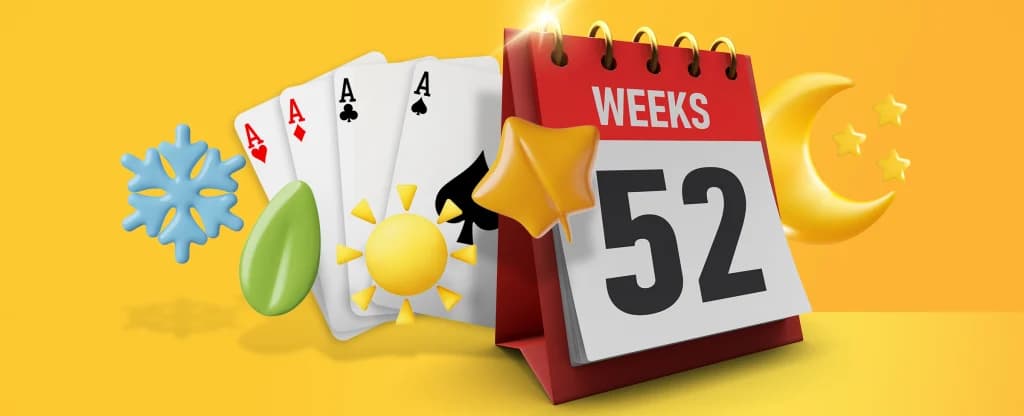 Four aces playing cards feature alongside thumbnails depicting the four seasons. A calendar also features displaying ‘52 weeks’. On a yellow background.