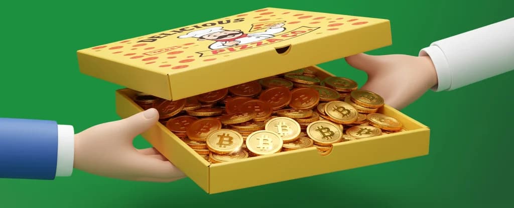 A 3D illustration of two hands holding a yellow pizza box filled with shiny gold Bitcoin coins instead of pizza on a bright green background.