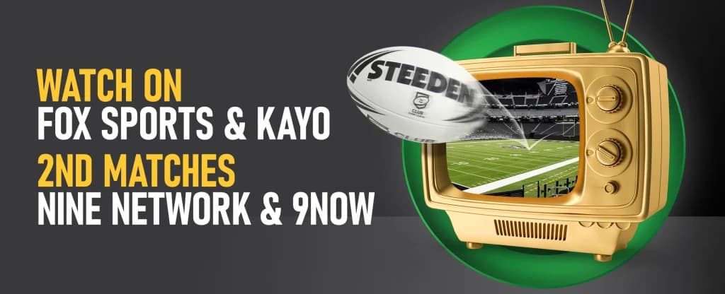 A gold retro television displaying a rugby stadium, with a Steeden rugby ball flying out of the screen. To the left, bold text reads: “Watch on Fox Sports & Kayo. 2nd matches Nine Network & 9Now,” all on a dark background.