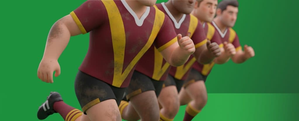 NRL players sprinting together in a kick chase showing effort and teamwork