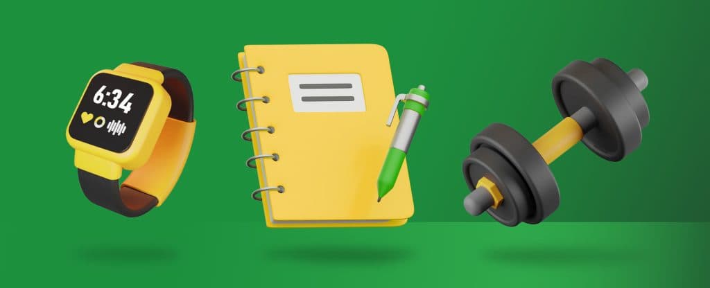 A smartwatch, yellow notebook with a pen, and a dumbbell float against a green background, representing fitness, planning, and daily habits.