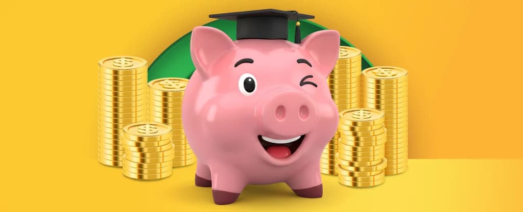 Stacks of gold coins are behind a winking piggy bank in a black graduation cap, and all is shown on a bright yellow background.
