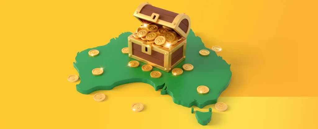 A treasure chest lies open on a green cutout of Australia on a yellow background.