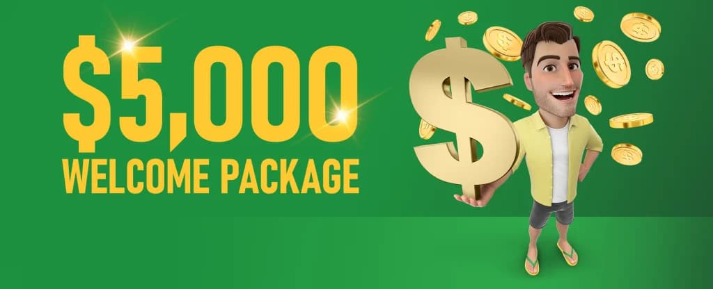 Joe Fortune holds a giant dollar sign to the right of yellow block letters that reveal his famous $5,000 Welcome Bonus, available at Joe Fortune Casino.