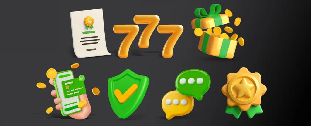 Various symbols depicting pokie safety features, such as licensing, game selections, bonuses, payment options, SSL, and security.