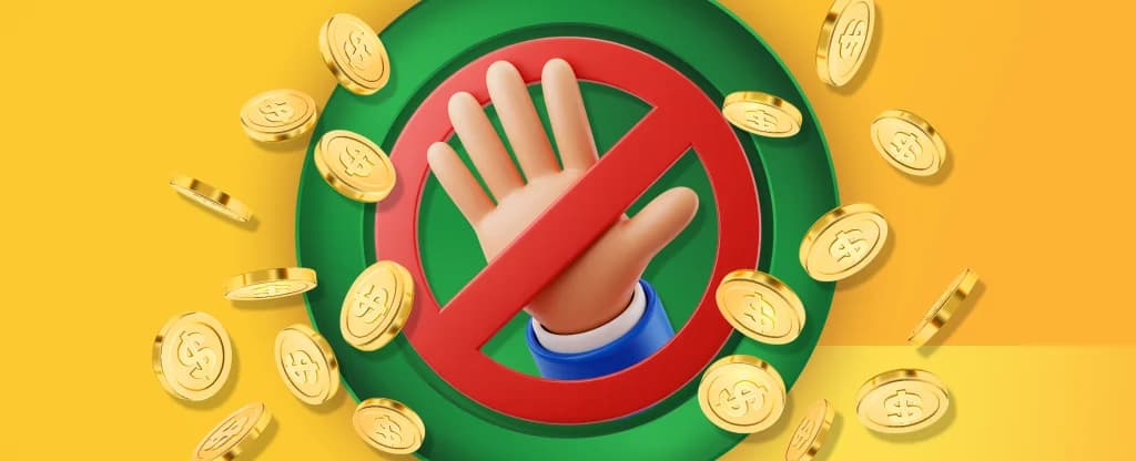 Gold coins hover around a green circle with a red “no” sign and a hand reaching to grab it. The image represents responsible gambling.