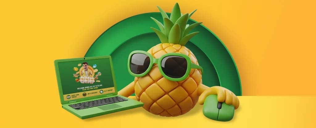 With a laptop open to the Joe Fortune website, a pineapple in green sunglasses navigates this safe pokies website on a yellow background.