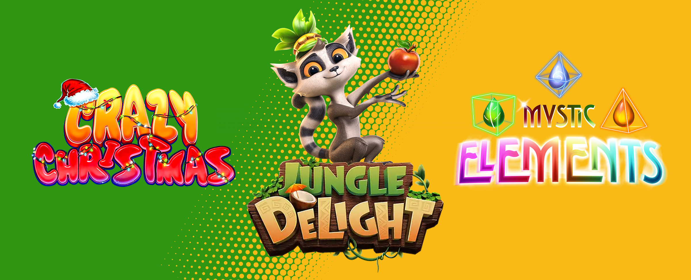 The next trio of treats for your playing pleasure are: Jungle Delight, Mystic Elements, and Crazy Christmas (relax – it’s always Christmas at Joe’s!).