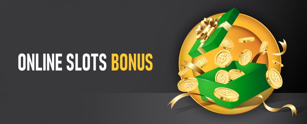 Over in the right of this image, we see a yellow 3D-illustrated portal shape, with an open green box showing coins spilling out. On the lid of the box is a gold bow. To the left we see the phrase ‘Online slots bonus’, set against a dark grey background.