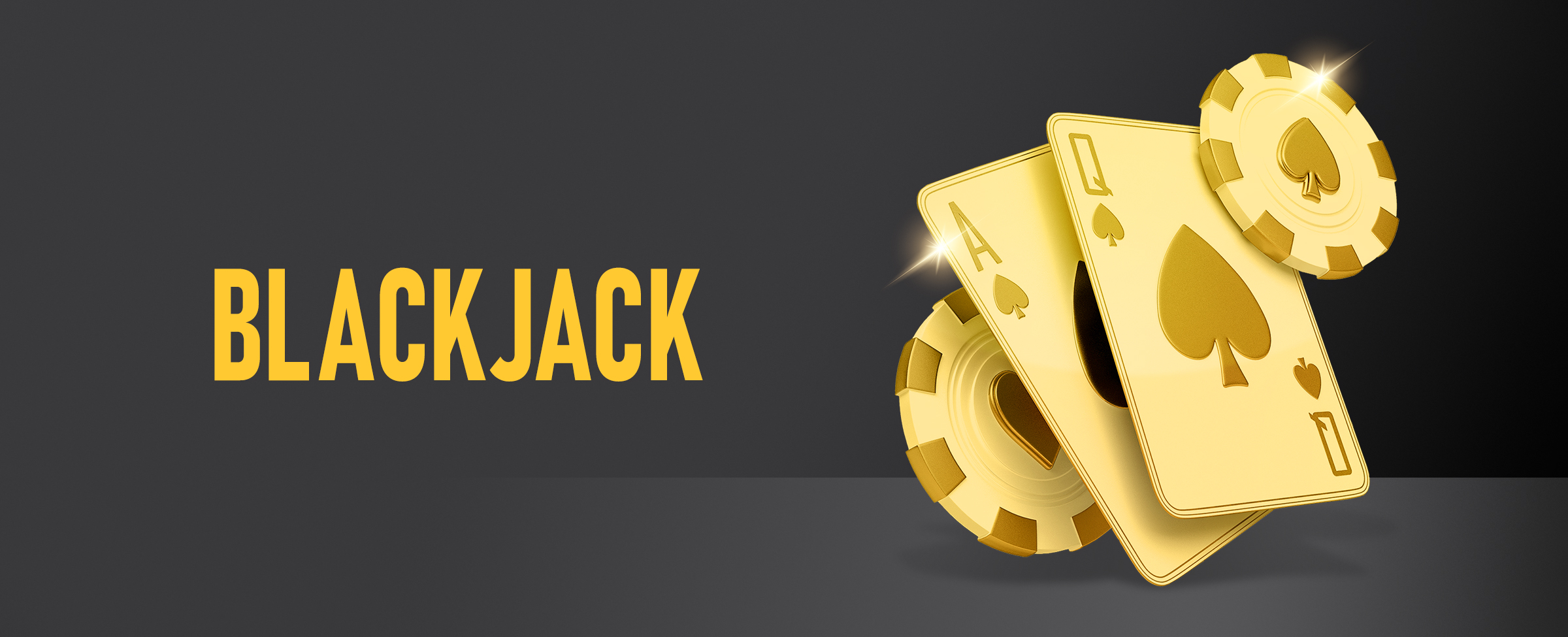 Gold poker cards and casino chips sit next to the words ‘Blackjack’, set against a black background.