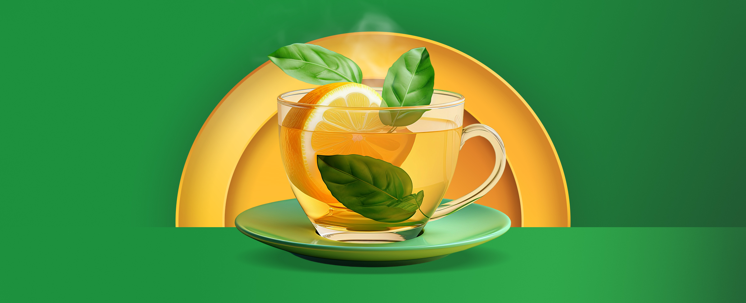 A steaming cup of herbal tea sits on a green saucer against a yellow and green background.