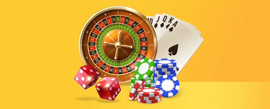 Various online casino table games and chips appear against a yellow background.