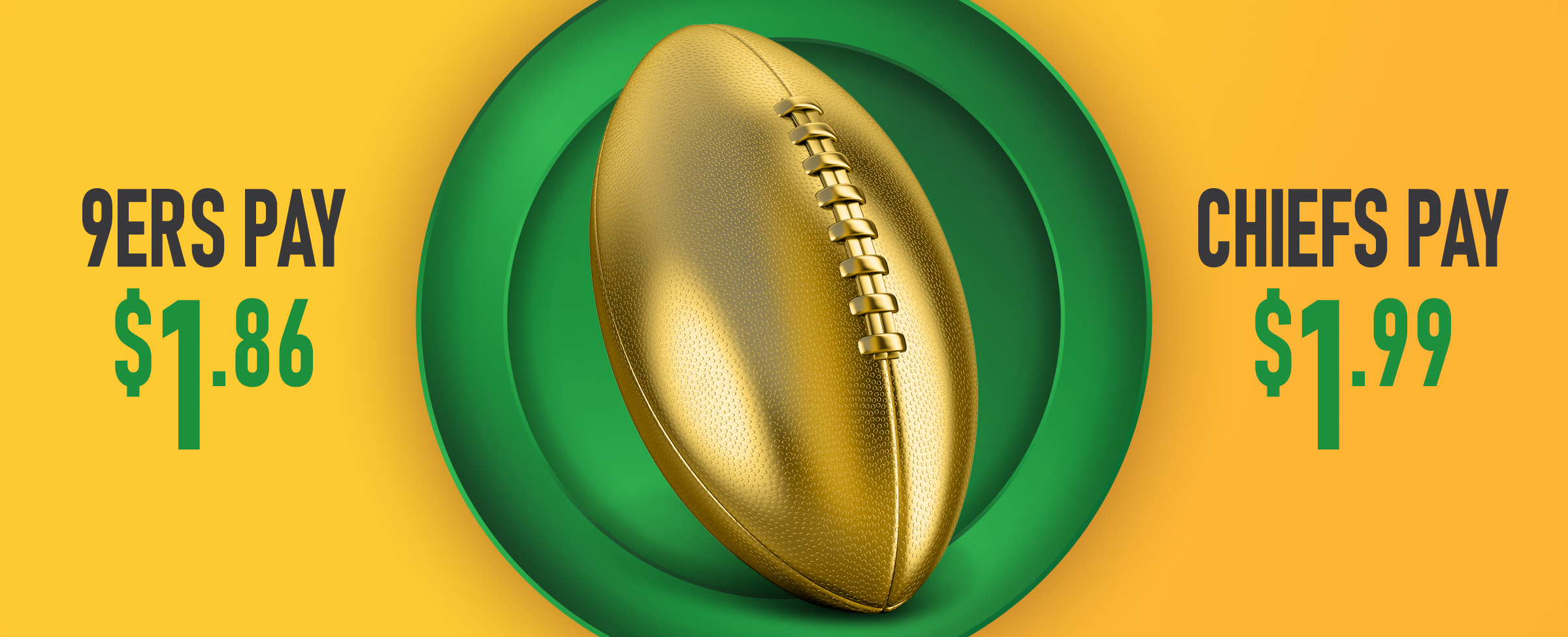 A gold gridiron football plus the odds for the 9ers and Chiefs on a yellow background