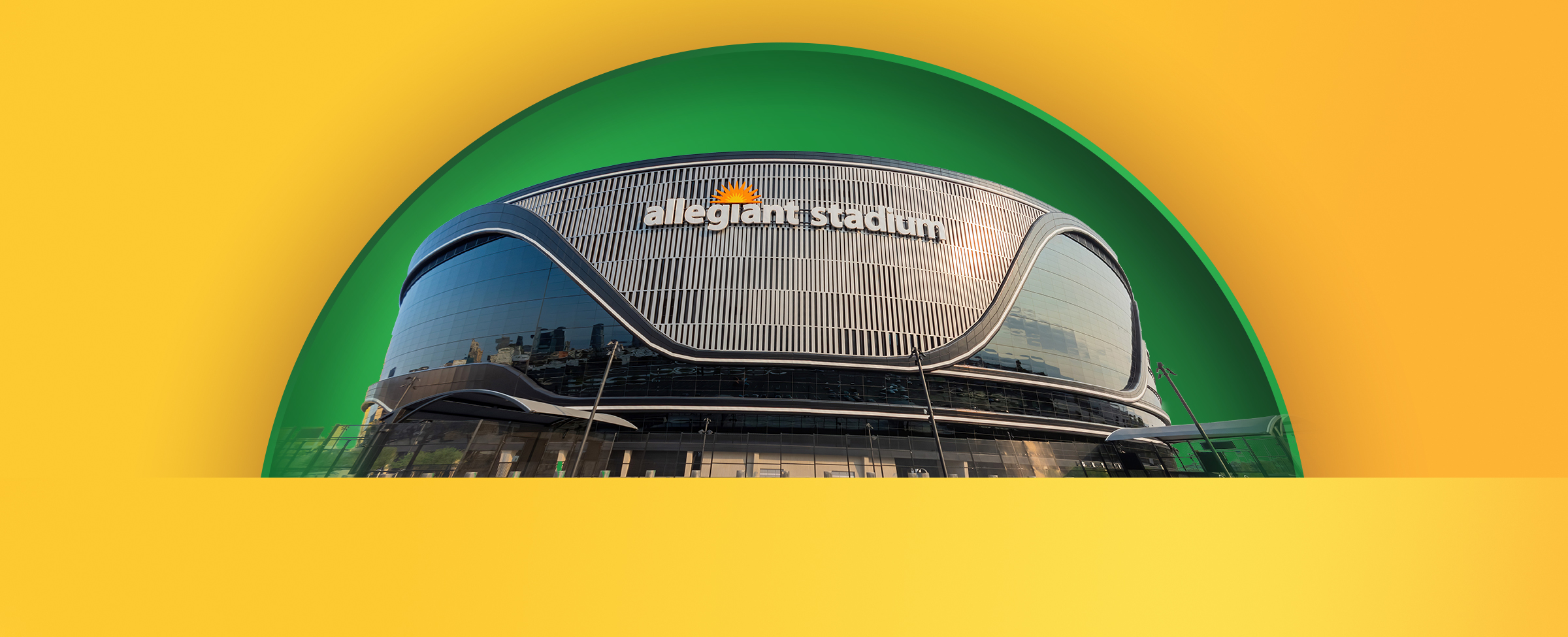 An image of Allegiant Stadium on a yellow background