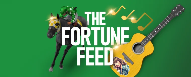 A jockey riding a horse, golden music notes and a guitar with Taylor Swifts image on it on a green background with the title “The Fortune Feed”