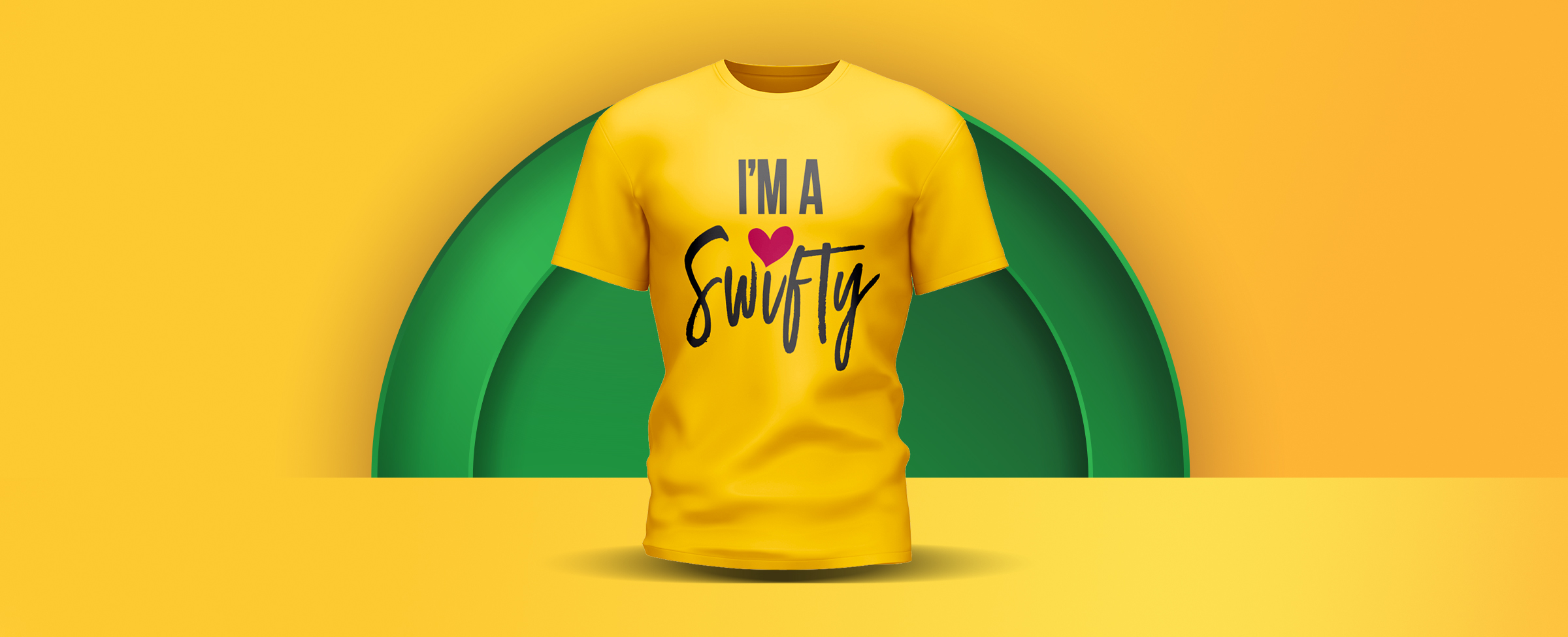 A t-shirt with “I’m a Swifty” on it on a yellow background