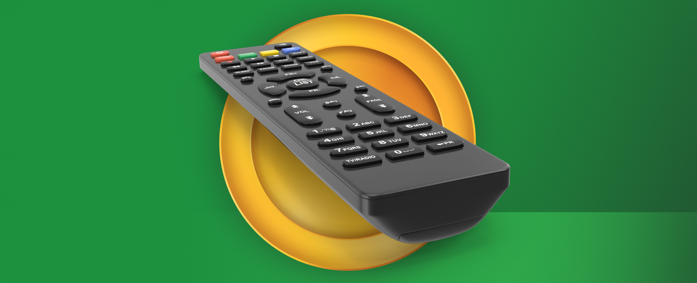 A TV remote on a green background