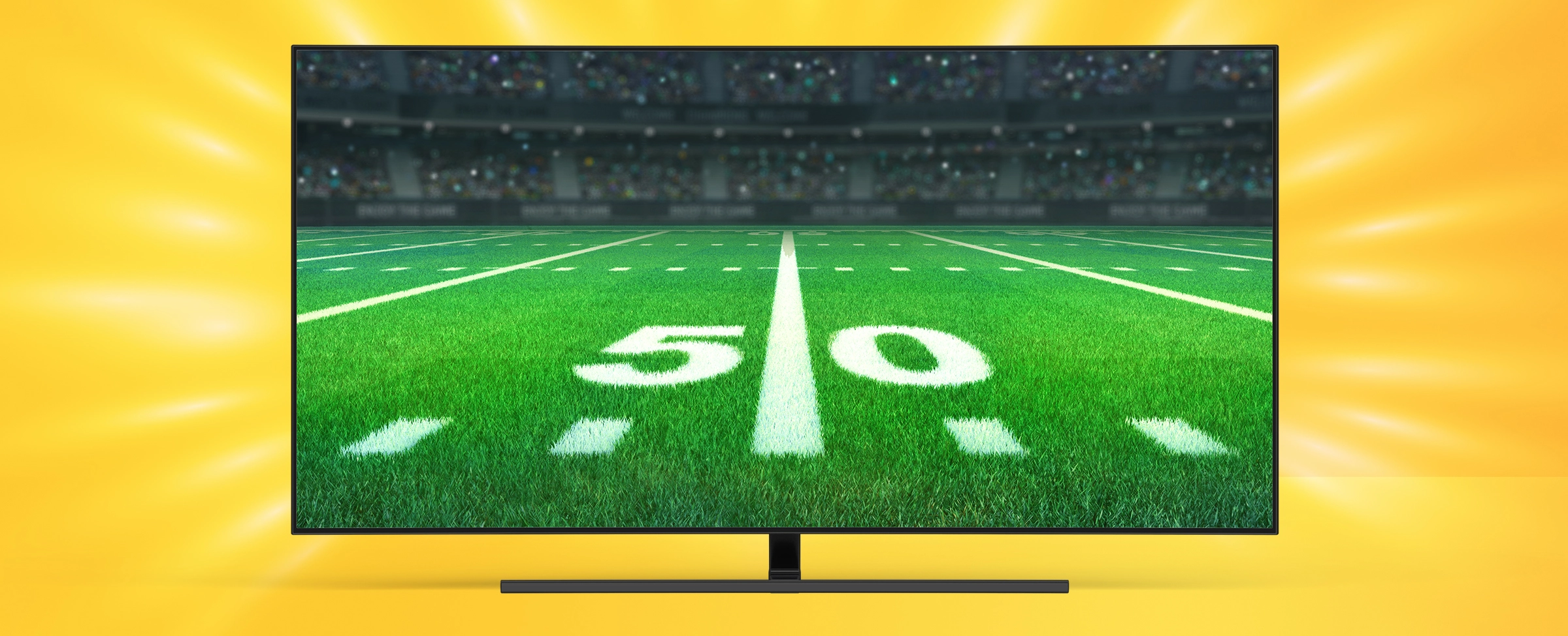 A gridiron pitch shown on a tv screen on a yellow background
