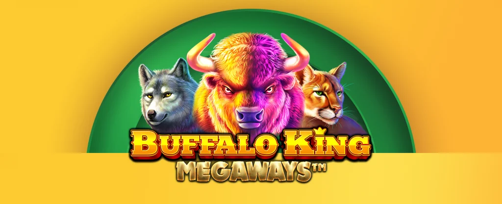 A gold tinted buffalo, a wolf and a wild cat feature alongside the logo for the Joe Fortune online slot, Buffalo King Megaways on a yellow background.