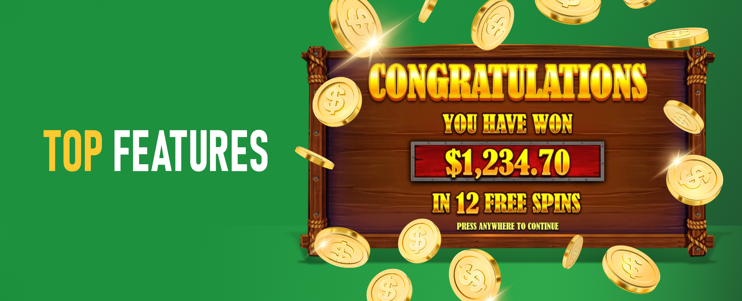 A screenshot from the Buffalo King Megaways slot shows a win amount from the free spins feature alongside the wording ‘Top Features’. On a green background.