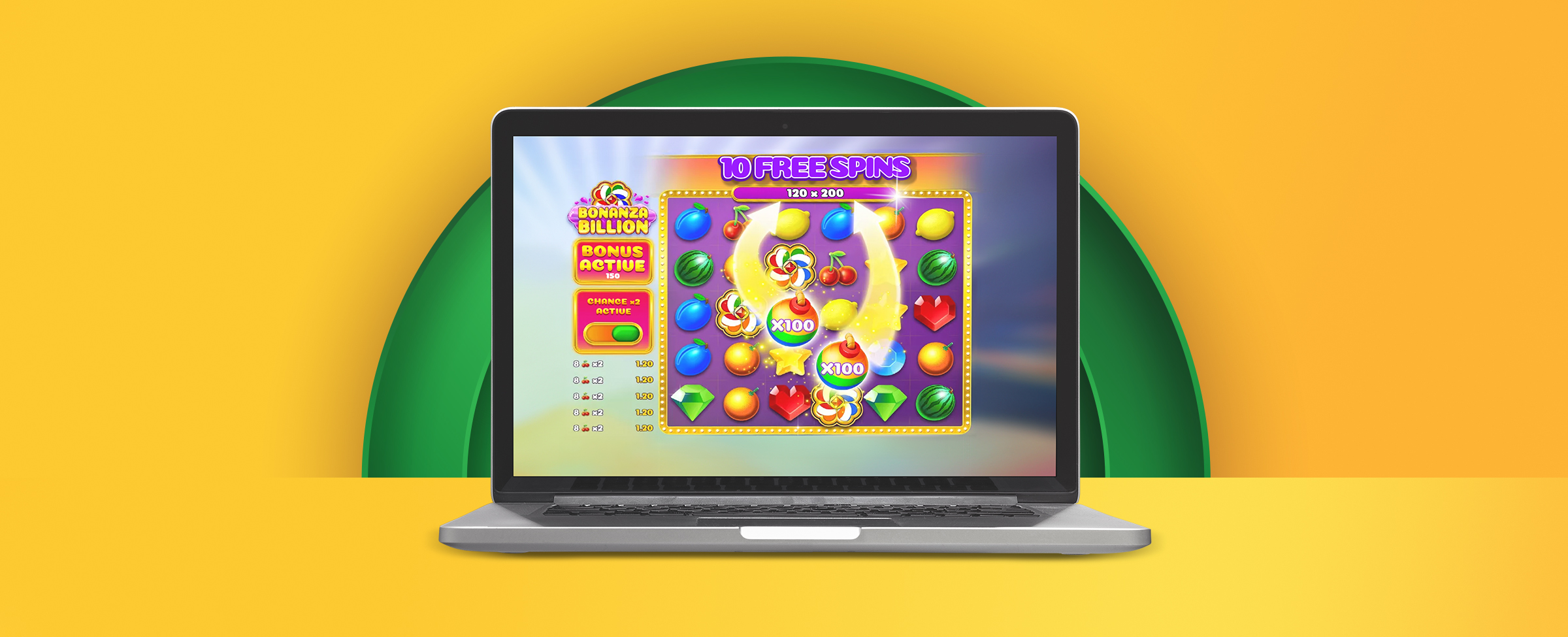 The Bonanza Billion pokie on a laptop screen on a yellow background