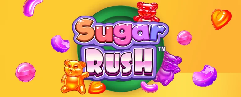 The Sugar Rush logo with candies and gummy bears on a yellow background