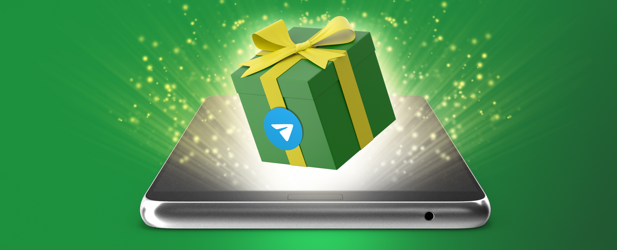 A present box and Telegram logo coming out of a mobile phone screen on a green background