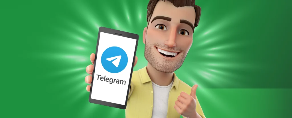 The Joe Fortune character holding a mobile phone with the Telegram log on the screen on a green background