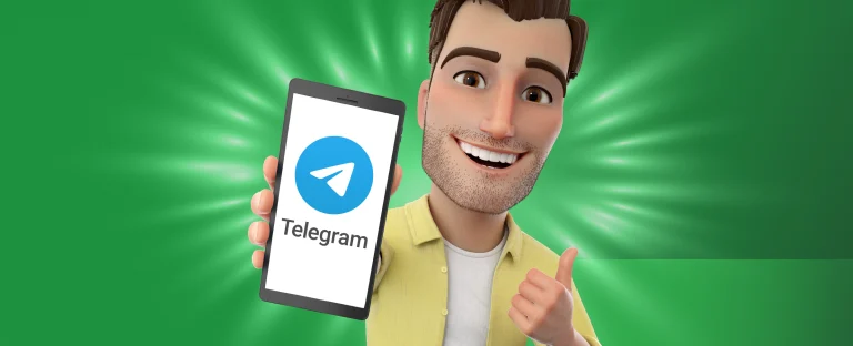 The Joe Fortune character holding a mobile phone with the Telegram log on the screen on a green background