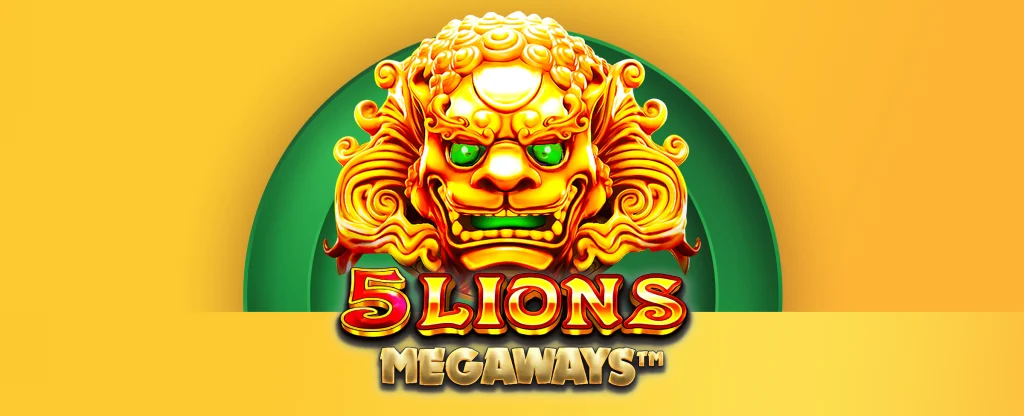 A lion’s head on the logo for the Joe Fortune online pokie, 5 Lions Megaways. On a vibrant yellow background.