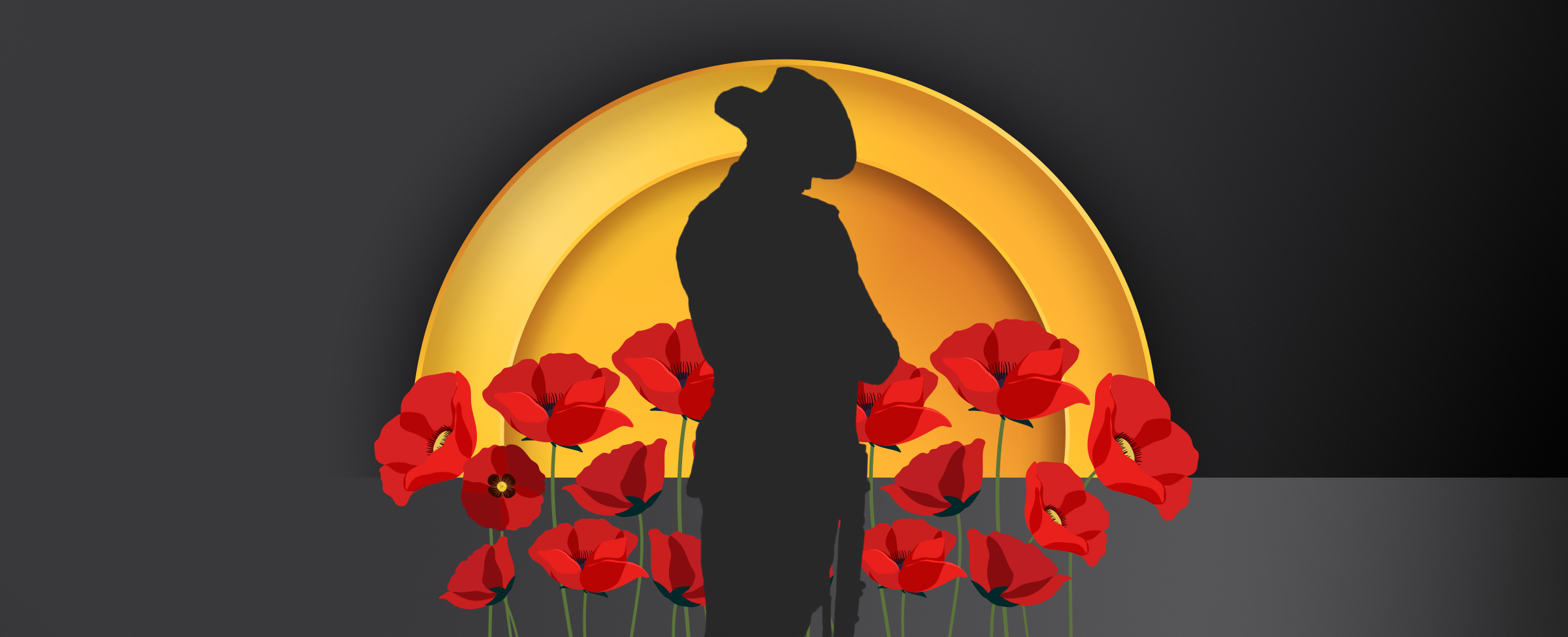A silhouette of an Australian service personnel with head bowed is centred. Red poppies also feature on a dark background.