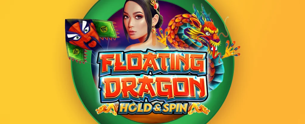 An oriental lady, kite and dragon feature on the logo for the Joe Fortune online pokie, Floating Dragon. On a vibrant yellow background.