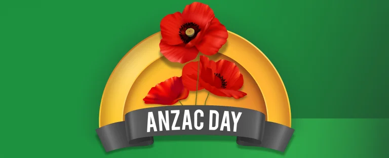 Three red poppies with the wording ‘Anzac Day’ are centred on a green background.