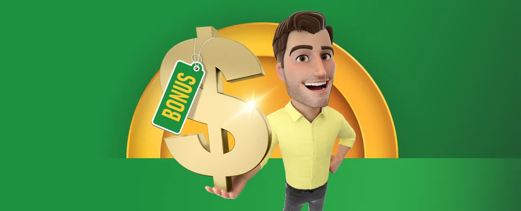 The Joe Fortune character holding a big golden dollar sign with a tag on it that reads ‘Bonus’ on a vibrant green background.