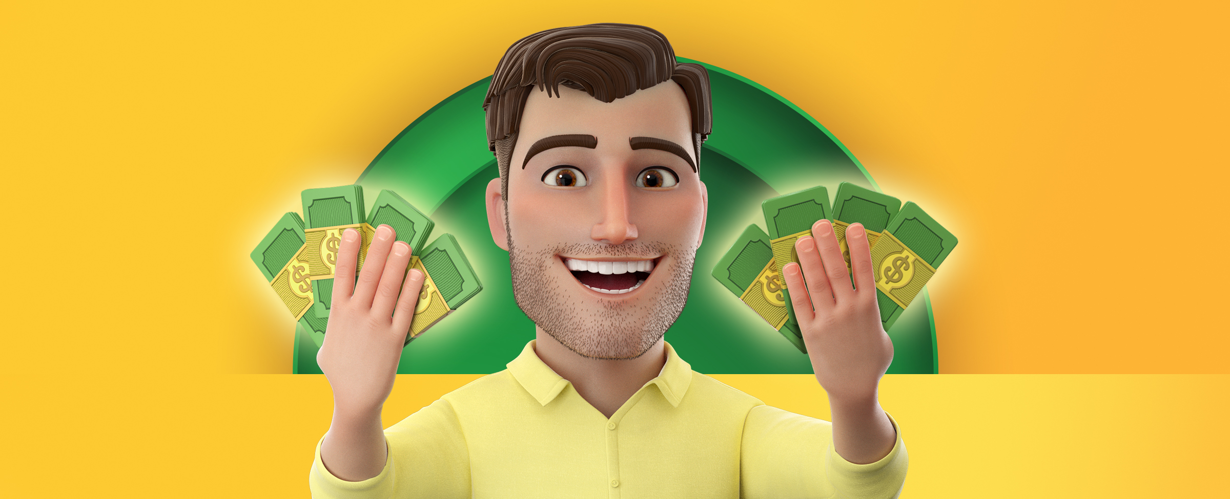 The Joe Fortune character holding two wads of fanned out notes of money in each hand on a vibrant yellow background.