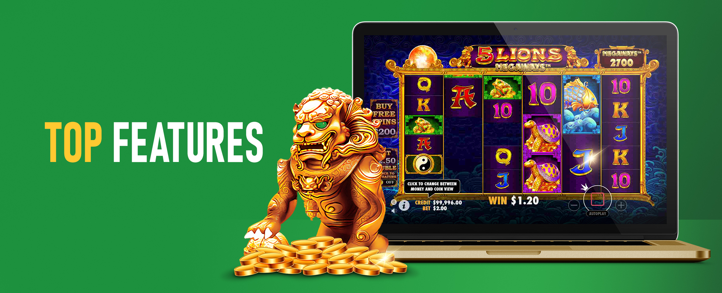 A screenshot from the Joe Fortune online pokie, 5 Lions Megaways, surrounded by golden coins and a lion statue. Beside it reads ‘Top Features’. On a vibrant green background.