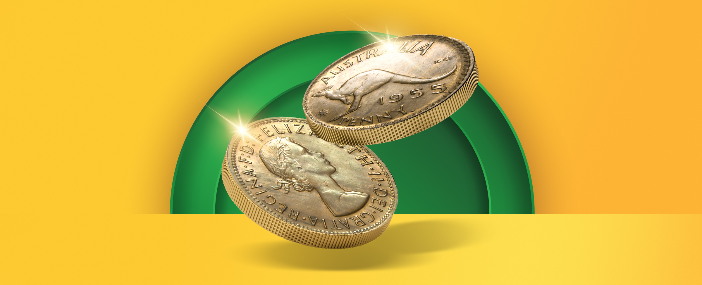 Two Australian pennies are centred, one displaying the ‘heads’ side up and the other displaying ‘tails’ side up. On a yellow background.