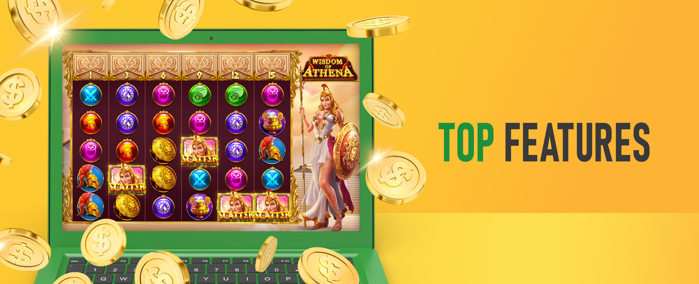 A screenshot from the Joe Fortune online pokie, Wisdom of Athena surrounded by golden coins. Beside it reads ‘Top Features’. On a vibrant yellow background.