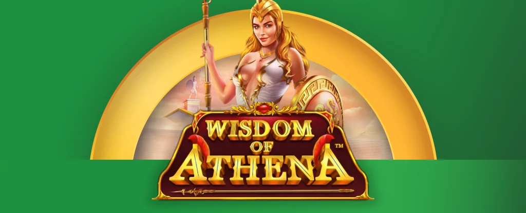 A greek goddess lady on the logo for the Joe Fortune online pokie, Wisdom of Athena. On a vibrant green background.
