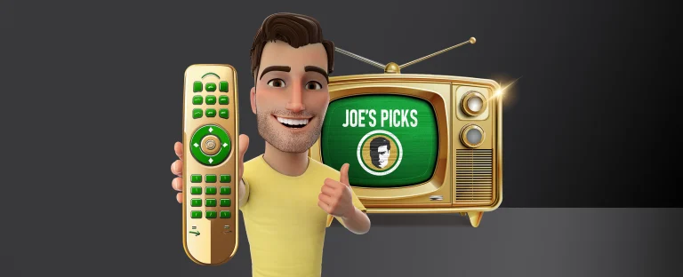 A male animation character has his thumbs up, holding a golden remote control. In the background is a television unit displaying ‘Joe’s Picks’. On a dark background.