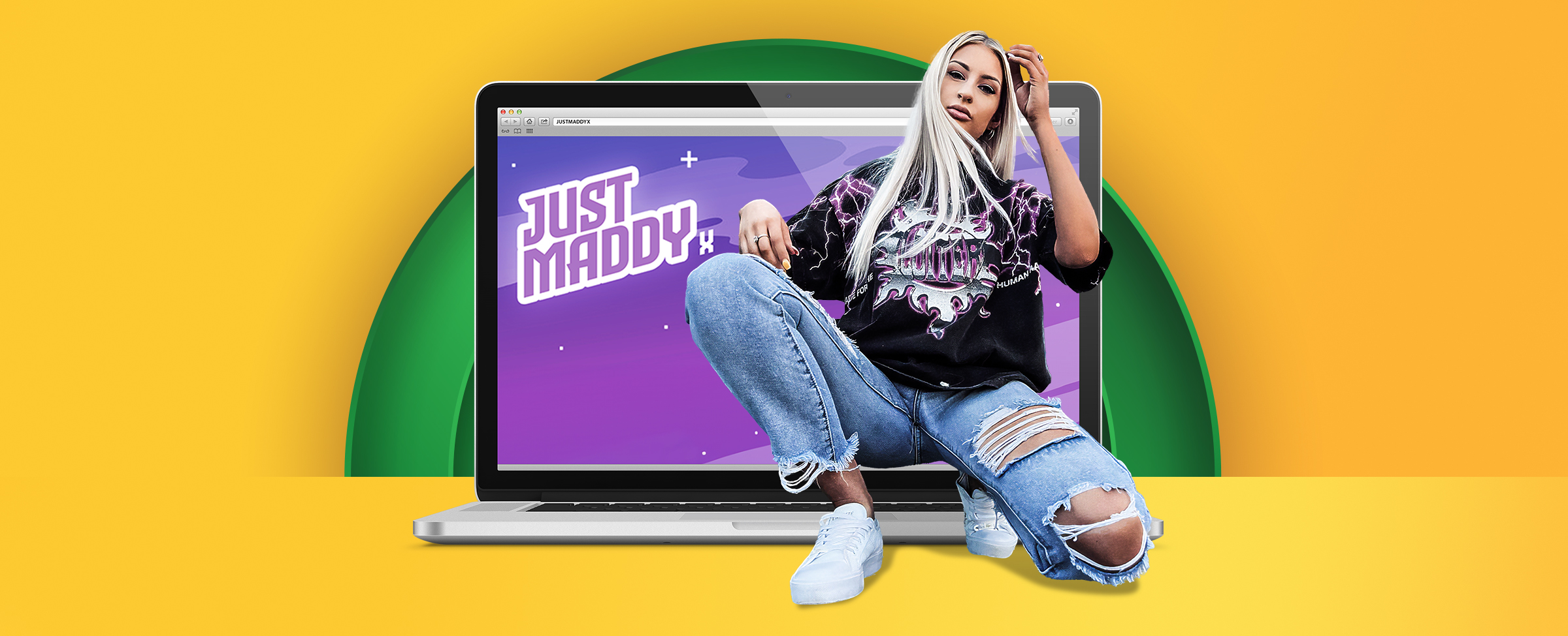 A laptop with JustMaddyX’s logo on the screen and a photo of her kneeling in front on a yellow background.