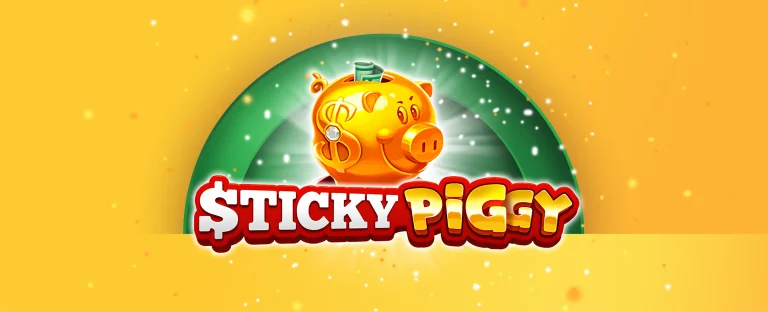 A golden piggy bank with cash notes coming out of is centred with the wording ‘Sticky Piggy’ displayed. On a vibrant two-tone yellow background.