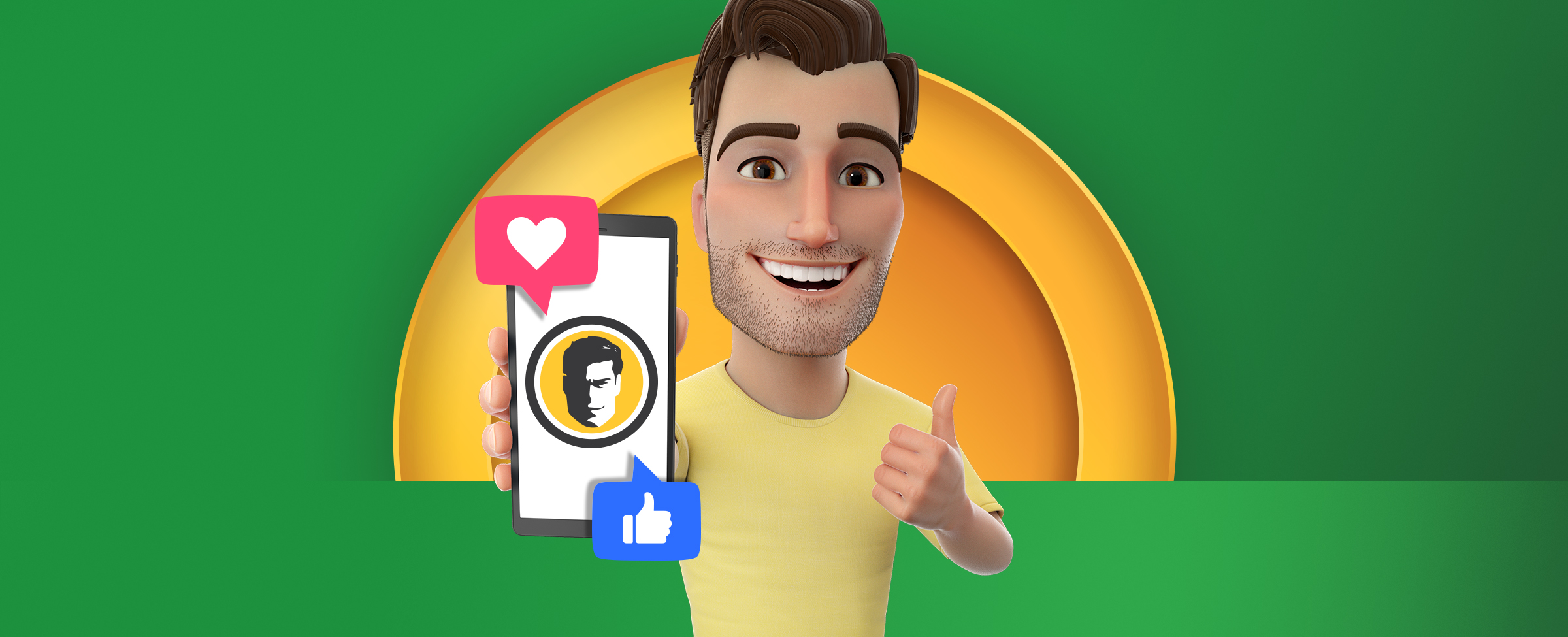 The Joe Fortune character wearing a yellow t-shirt smiling, giving a thumbs-up while holding a smartphone displaying the Joe Fortune logo with a "like" and "heart" icon. The background is green with a yellow half circle frame behind the character.
