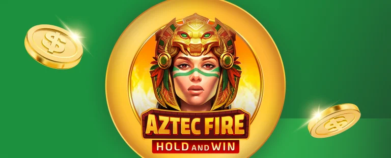 The logo of Joe Fortune online pokie, Aztec Fire: Hold & Win is centred. Gold dollar coins also feature. On a green background.