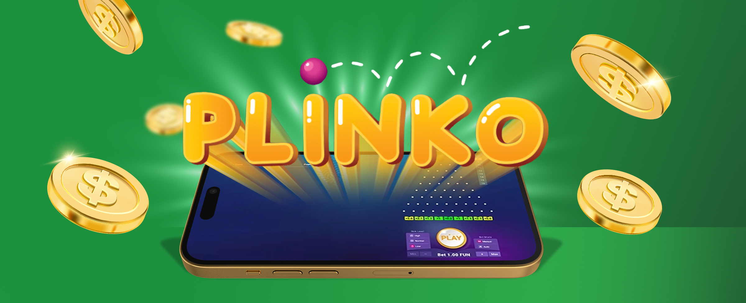 a phone with the words plinko above with falling coins on a green background